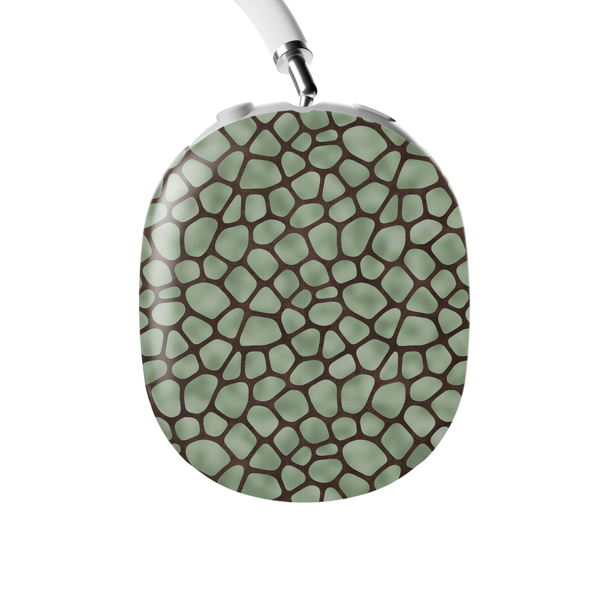 Mossy Mosaic AirPods Max Covers with sage green giraffe spots outlined in chocolate brown from the Wild Atelier collection.