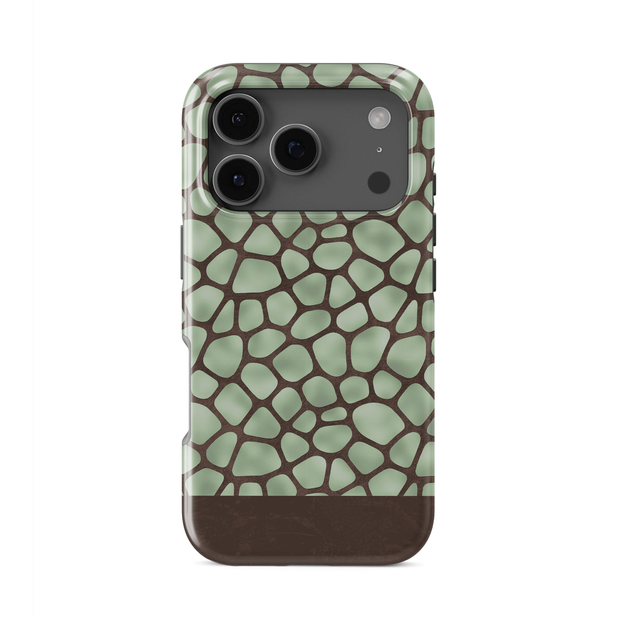 Mossy Mosaic Tough Phone Case with sage green giraffe spots outlined in chocolate brown from the Wild Atelier collection.
