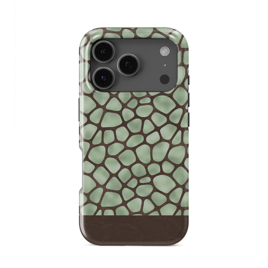Mossy Mosaic Tough Phone Case with sage green giraffe spots outlined in chocolate brown from the Wild Atelier collection.
