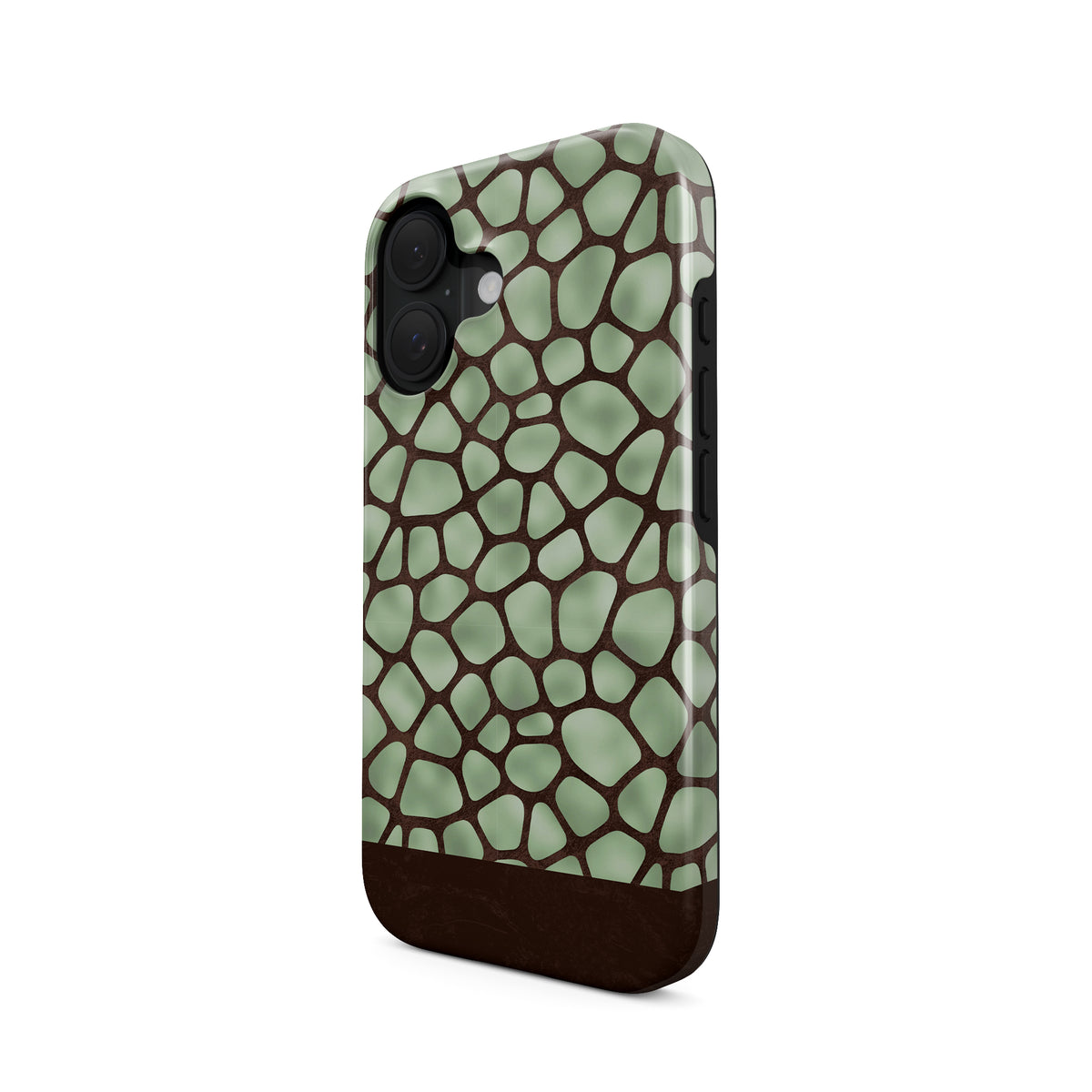 Mossy Mosaic Tough Phone Case with sage green giraffe spots outlined in chocolate brown from the Wild Atelier collection.
