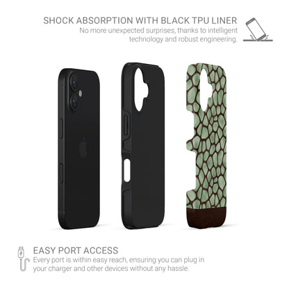 Mossy Mosaic Tough Phone Case with sage green giraffe spots outlined in chocolate brown from the Wild Atelier collection.
