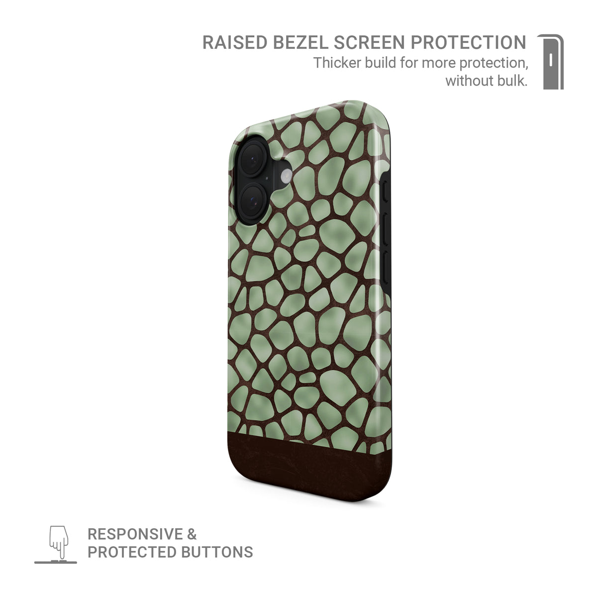 Mossy Mosaic Tough Phone Case with sage green giraffe spots outlined in chocolate brown from the Wild Atelier collection.
