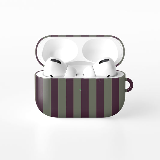 Mulberry Ticking AirPods case with fine sage green and berry-plum vertical ticking stripes.