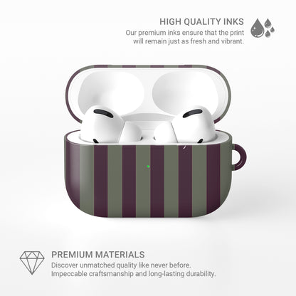 Mulberry Ticking AirPods case with fine sage green and berry-plum vertical ticking stripes.