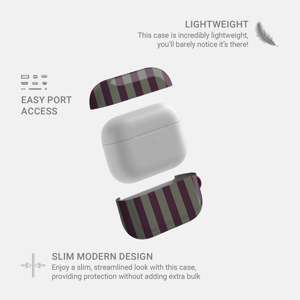 Mulberry Ticking AirPods case with fine sage green and berry-plum vertical ticking stripes.