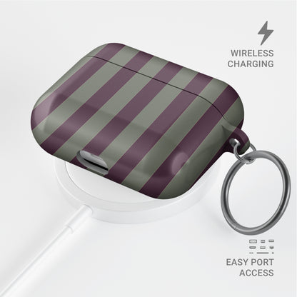 Mulberry Ticking AirPods case with fine sage green and berry-plum vertical ticking stripes.