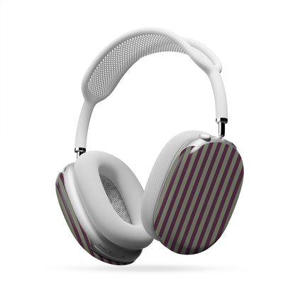 Mulberry Ticking AirPods Max ear-cup shells with fine sage green and berry-plum vertical ticking stripes.