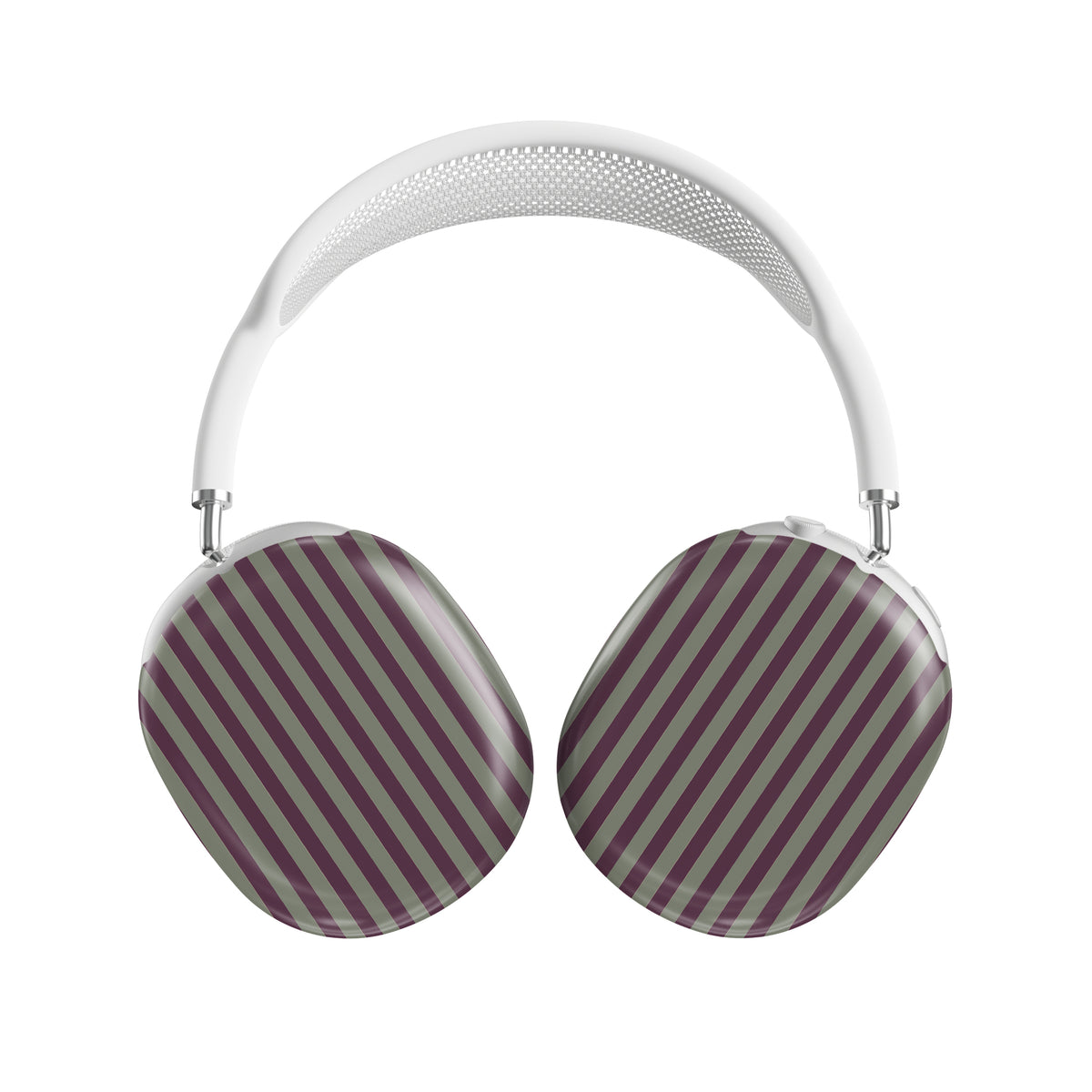 Mulberry Ticking AirPods Max ear-cup shells with fine sage green and berry-plum vertical ticking stripes.