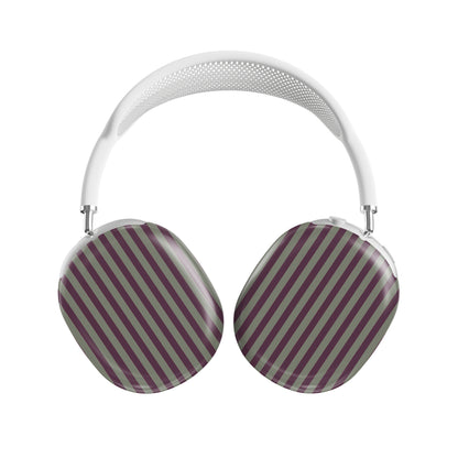 Mulberry Ticking AirPods Max ear-cup shells with fine sage green and berry-plum vertical ticking stripes.