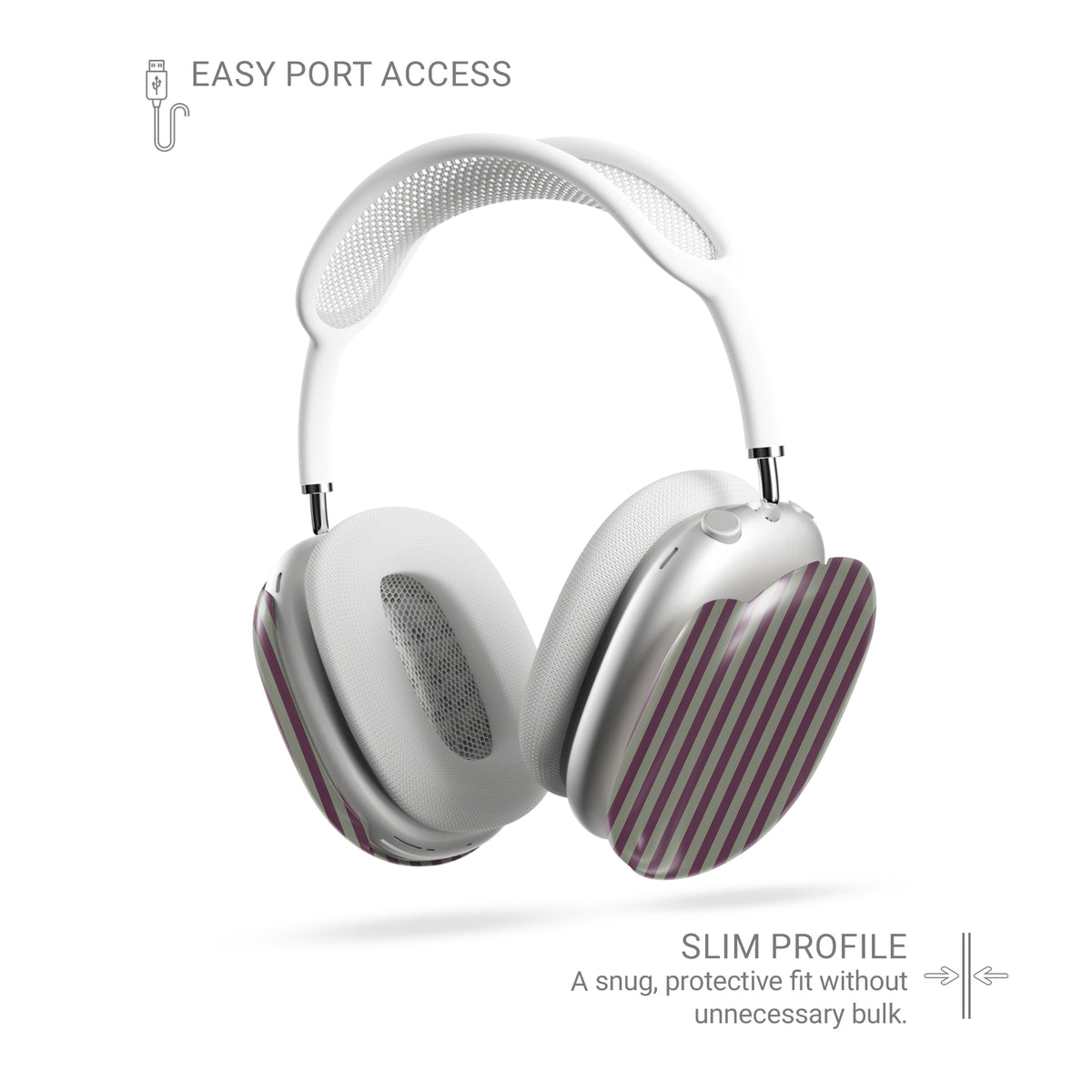Mulberry Ticking AirPods Max ear-cup shells with fine sage green and berry-plum vertical ticking stripes.