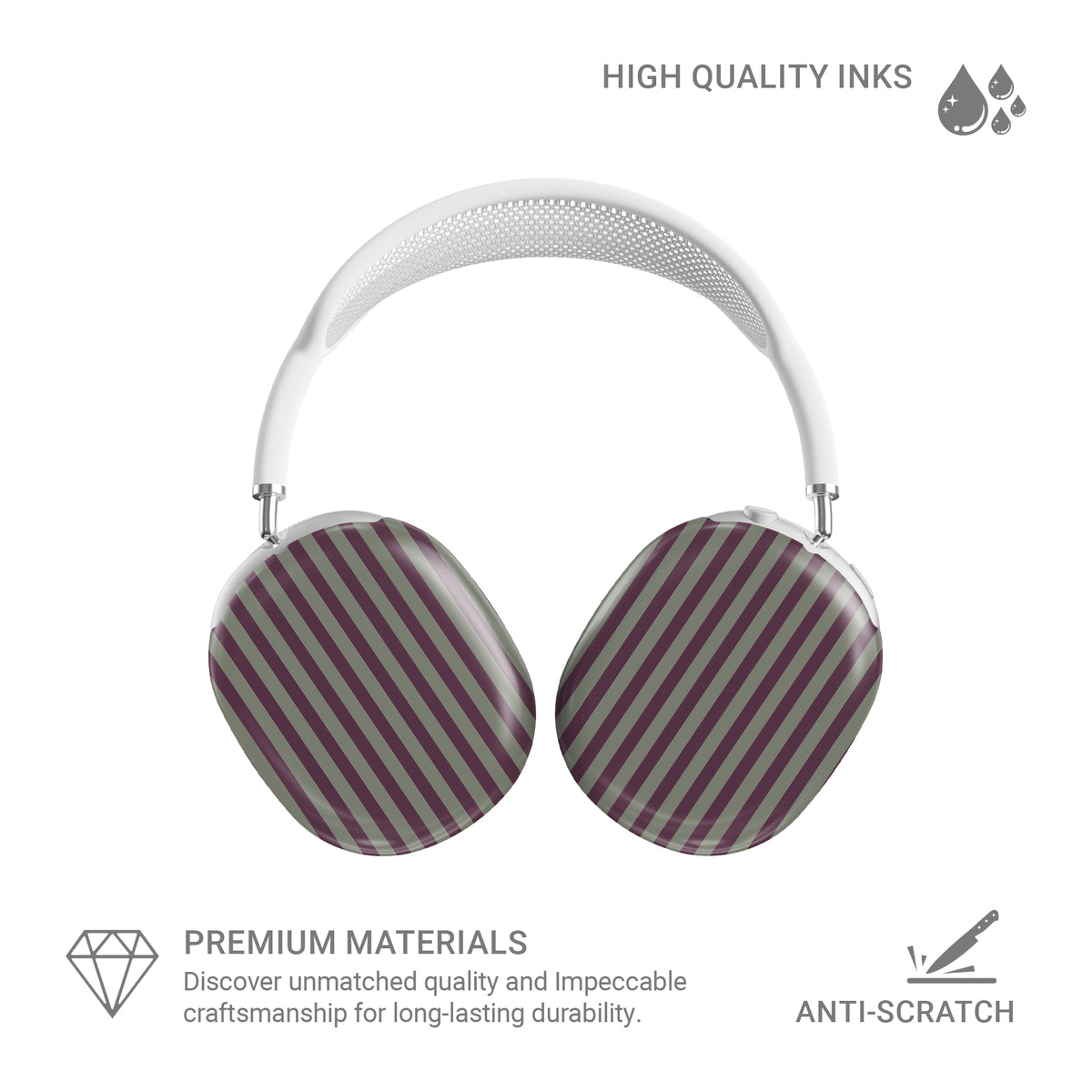 Mulberry Ticking AirPods Max ear-cup shells with fine sage green and berry-plum vertical ticking stripes.