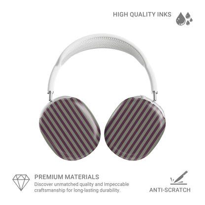 Mulberry Ticking AirPods Max ear-cup shells with fine sage green and berry-plum vertical ticking stripes.