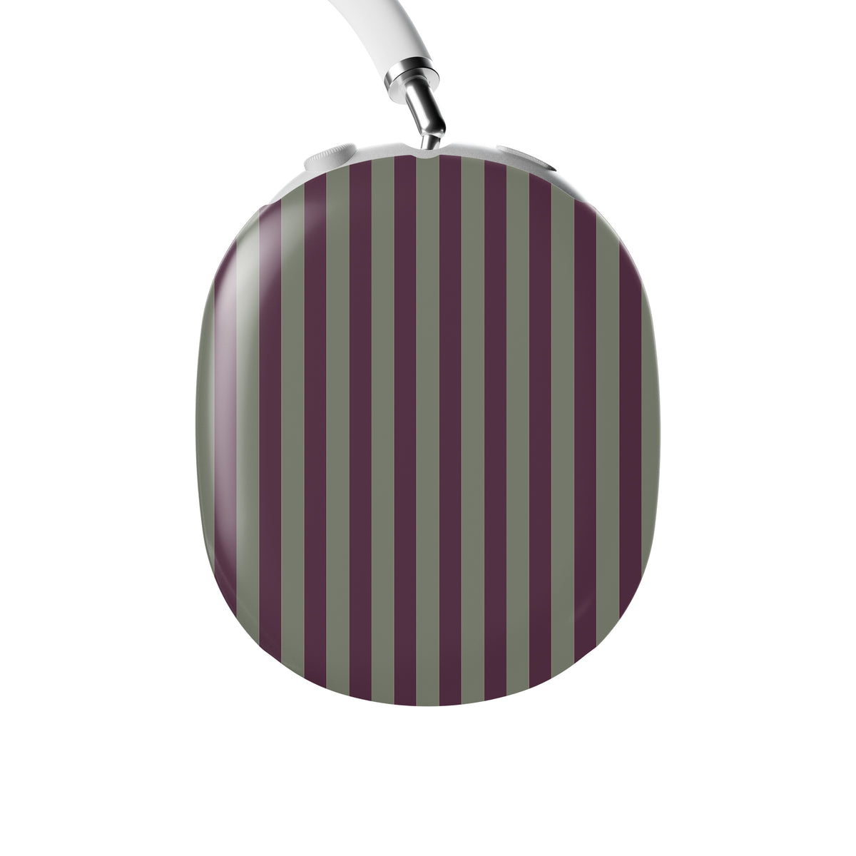 Mulberry Ticking AirPods Max ear-cup shells with fine sage green and berry-plum vertical ticking stripes.