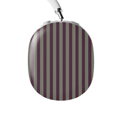 Mulberry Ticking AirPods Max ear-cup shells with fine sage green and berry-plum vertical ticking stripes.