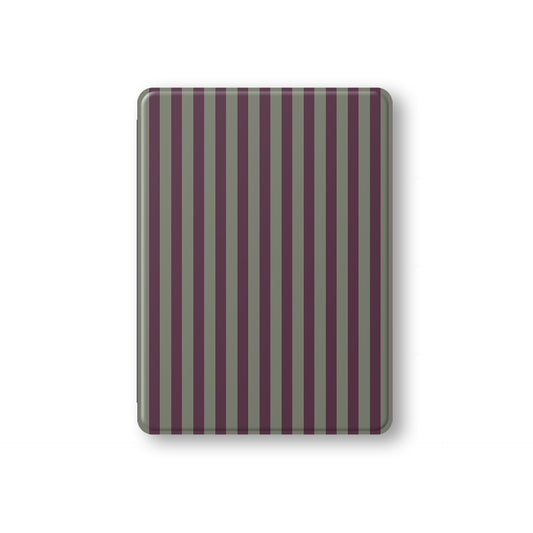 Mulberry Ticking iPad case with muted plum and sage green stripes in a vintage-inspired heritage pattern.