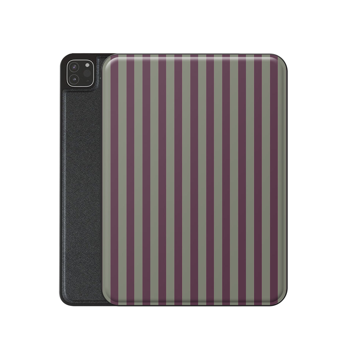 Mulberry Ticking iPad case with muted plum and sage green stripes in a vintage-inspired heritage pattern.