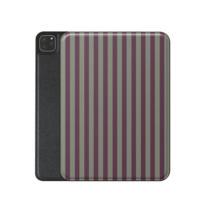 Mulberry Ticking iPad case with muted plum and sage green stripes in a vintage-inspired heritage pattern.