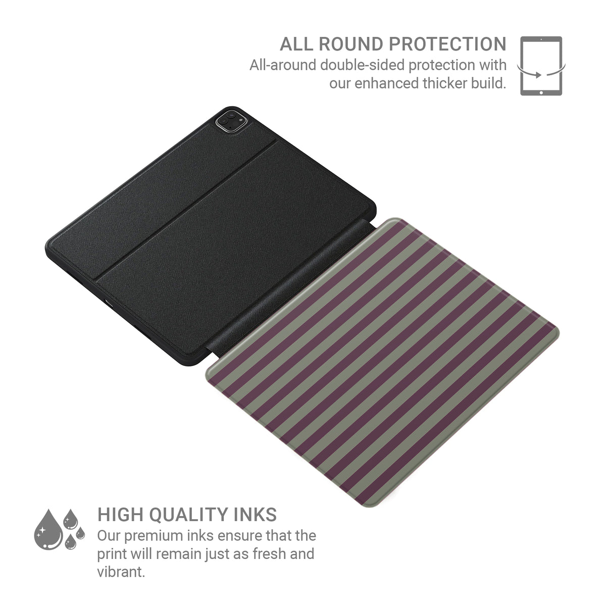 Mulberry Ticking iPad case with muted plum and sage green stripes in a vintage-inspired heritage pattern.