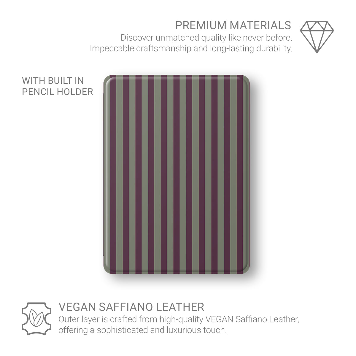 Mulberry Ticking iPad case with muted plum and sage green stripes in a vintage-inspired heritage pattern.