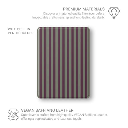 Mulberry Ticking iPad case with muted plum and sage green stripes in a vintage-inspired heritage pattern.