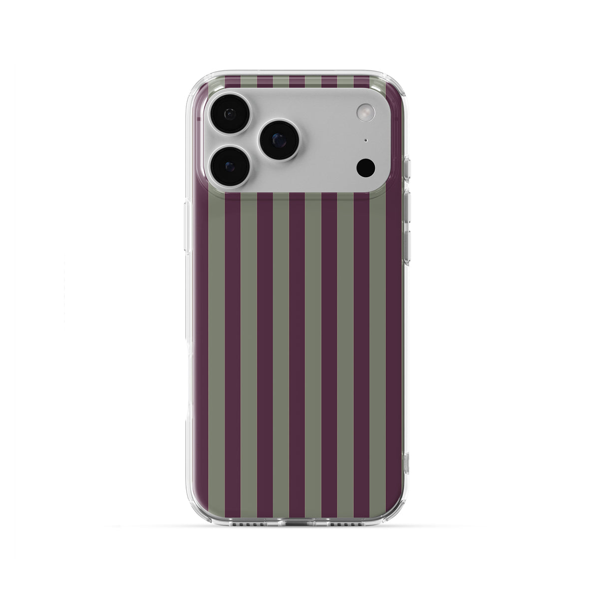 Mulberry Ticking Clear phone case with fine sage green and berry-plum vertical ticking stripes.