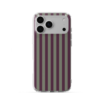 Mulberry Ticking Clear phone case with fine sage green and berry-plum vertical ticking stripes.