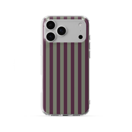 Mulberry Ticking Clear phone case with fine sage green and berry-plum vertical ticking stripes.
