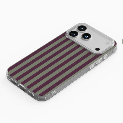 Mulberry Ticking Clear phone case with fine sage green and berry-plum vertical ticking stripes.