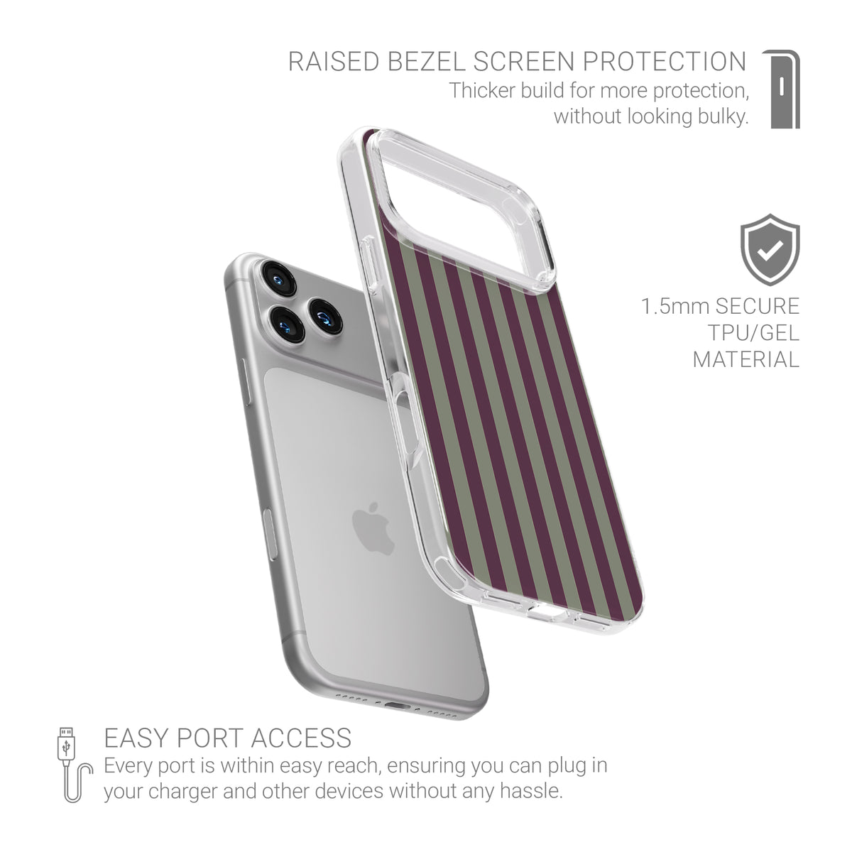 Mulberry Ticking Clear phone case with fine sage green and berry-plum vertical ticking stripes.