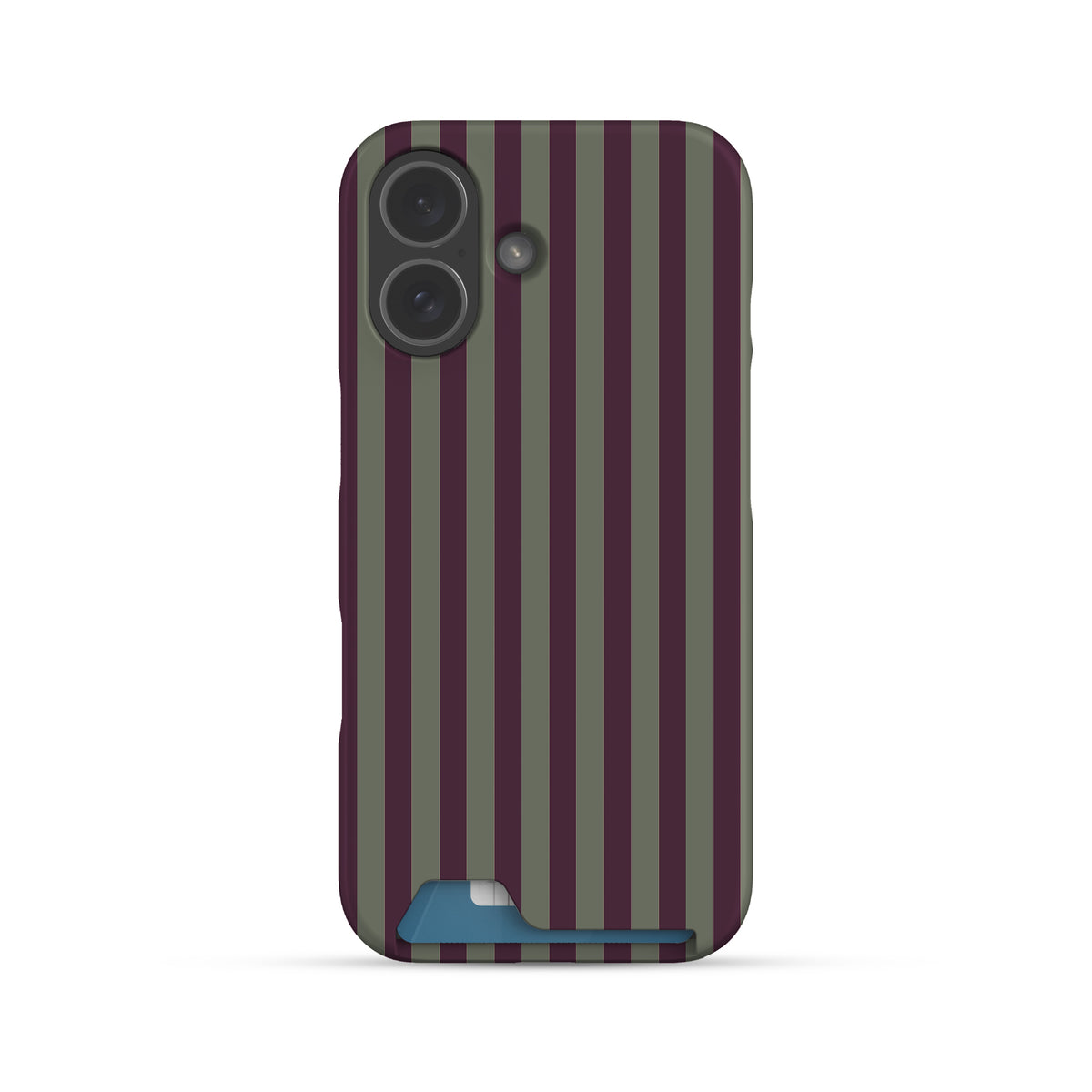 Mulberry Ticking Card-Holder phone case with fine sage green and berry-plum vertical ticking stripes.
