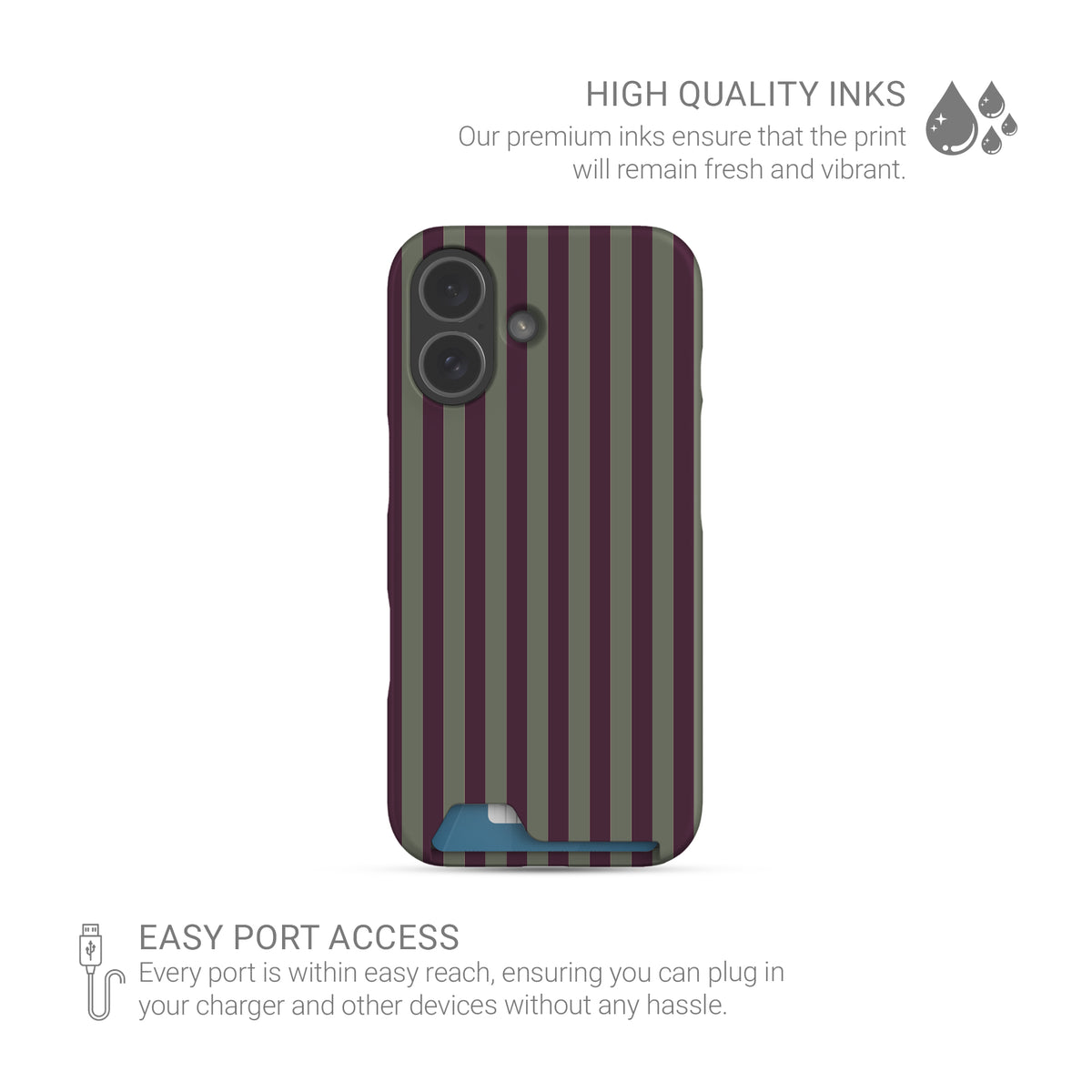Mulberry Ticking Card-Holder phone case with fine sage green and berry-plum vertical ticking stripes.
