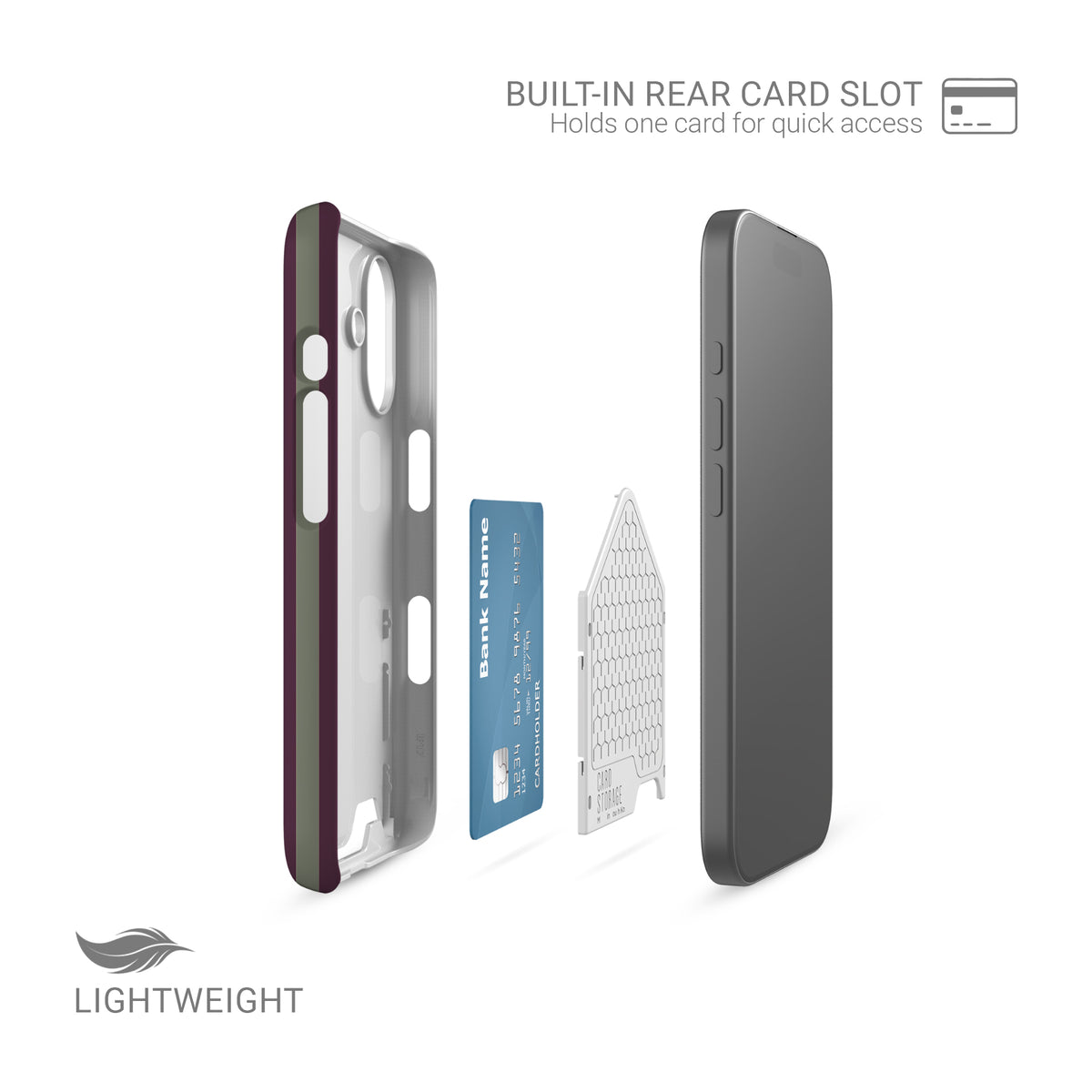 Mulberry Ticking Card-Holder phone case with fine sage green and berry-plum vertical ticking stripes.