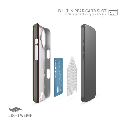 Mulberry Ticking Card-Holder phone case with fine sage green and berry-plum vertical ticking stripes.