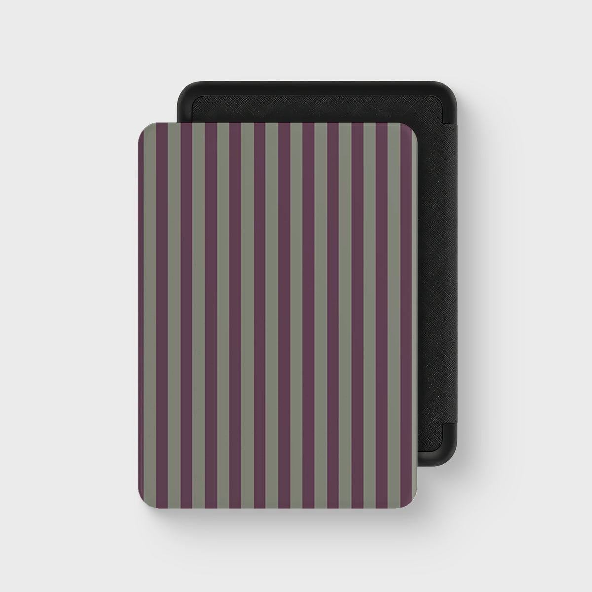 Mulberry Ticking Kindle case with muted plum and sage green vertical stripes in a heritage ticking pattern.