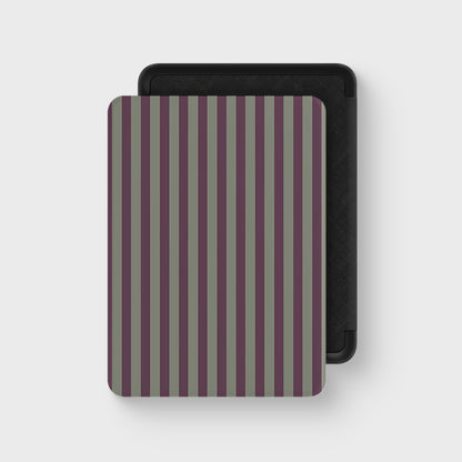 Mulberry Ticking Kindle case with muted plum and sage green vertical stripes in a heritage ticking pattern.