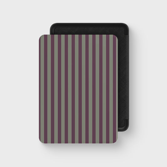 Mulberry Ticking Kindle case with muted plum and sage green vertical stripes in a heritage ticking pattern.