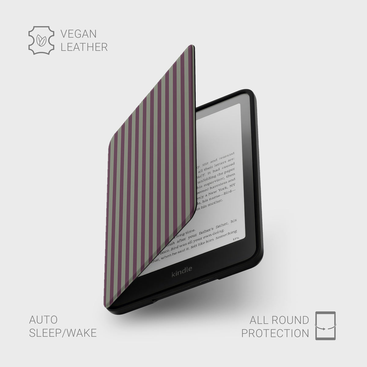 Mulberry Ticking Kindle case with muted plum and sage green vertical stripes in a heritage ticking pattern.