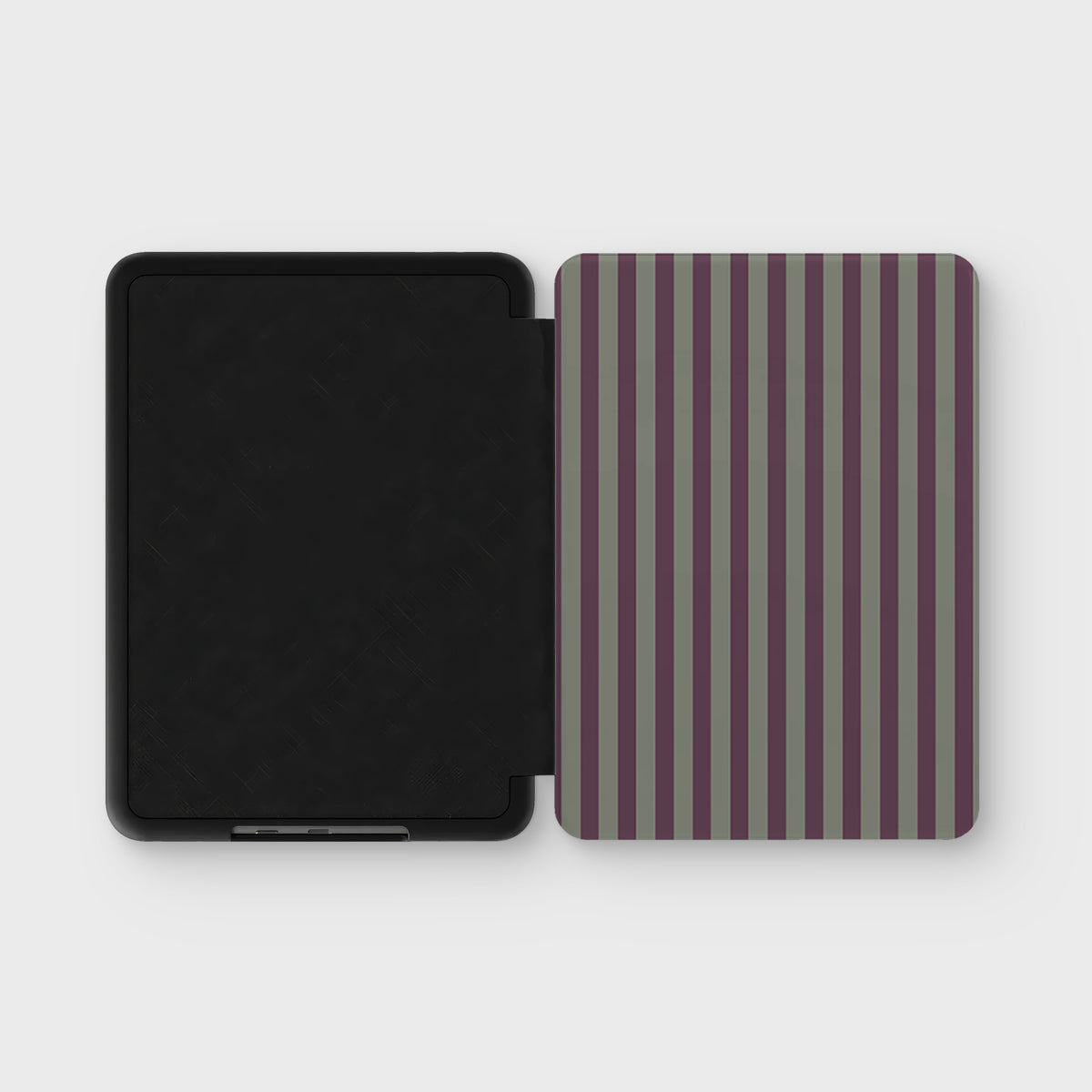 Mulberry Ticking Kindle case with muted plum and sage green vertical stripes in a heritage ticking pattern.