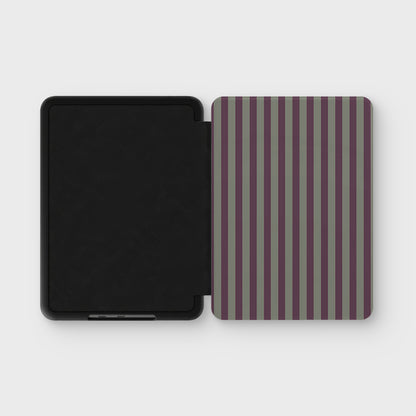 Mulberry Ticking Kindle case with muted plum and sage green vertical stripes in a heritage ticking pattern.