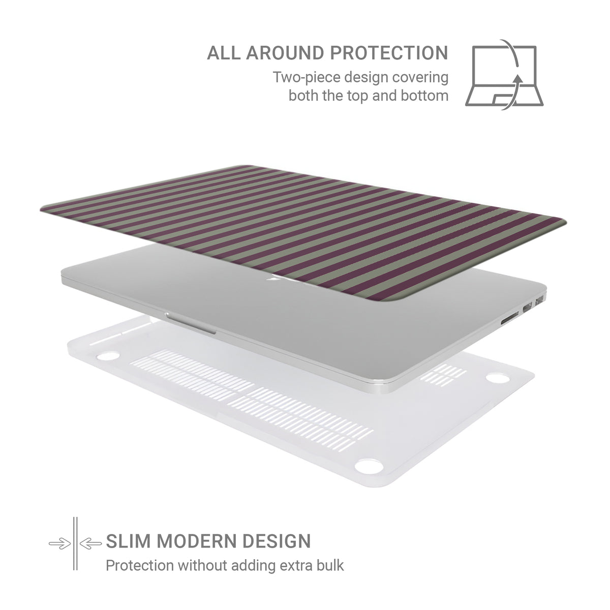 Mulberry Ticking MacBook shell with muted plum and sage green stripes in a vintage-inspired heritage pattern.