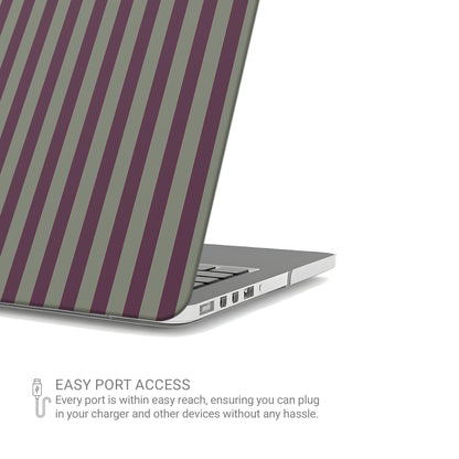 Mulberry Ticking MacBook shell with muted plum and sage green stripes in a vintage-inspired heritage pattern.