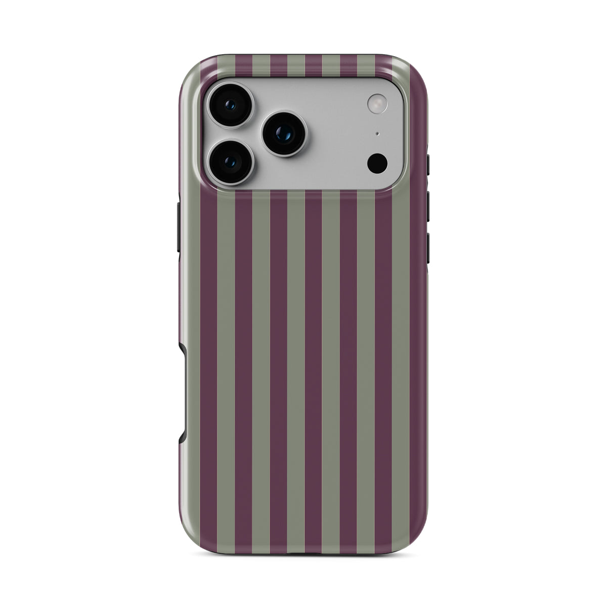 Mulberry Ticking MagSafe Tough phone case with fine sage green and berry-plum vertical ticking stripes.