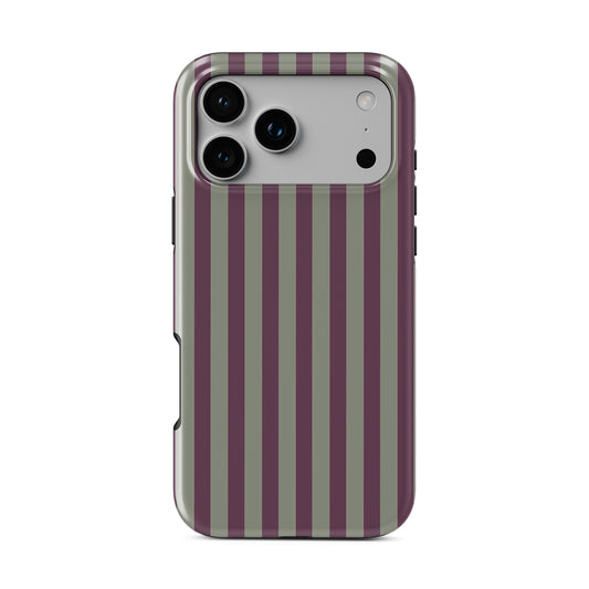 Mulberry Ticking MagSafe Tough phone case with fine sage green and berry-plum vertical ticking stripes.
