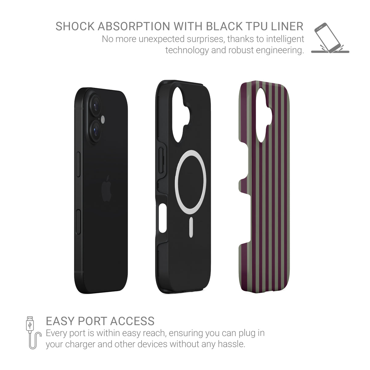 Mulberry Ticking MagSafe Tough phone case with fine sage green and berry-plum vertical ticking stripes.