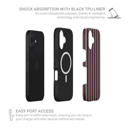 Mulberry Ticking MagSafe Tough phone case with fine sage green and berry-plum vertical ticking stripes.