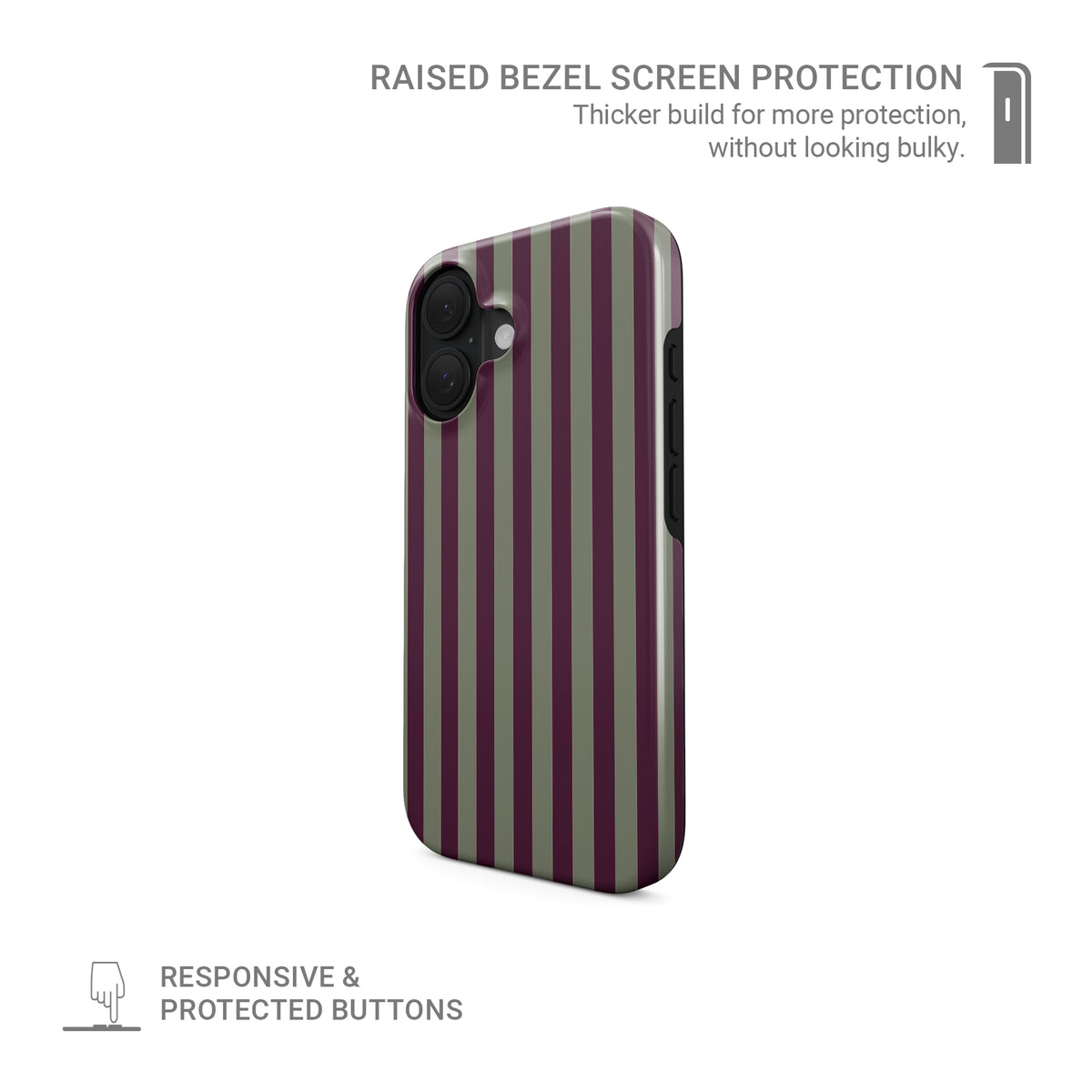 Mulberry Ticking MagSafe Tough phone case with fine sage green and berry-plum vertical ticking stripes.