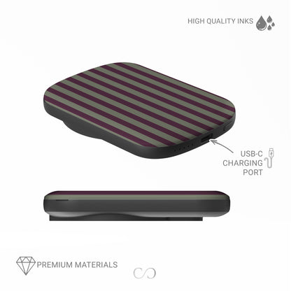 Mulberry Ticking power bank with fine sage green and berry-plum vertical ticking stripes.