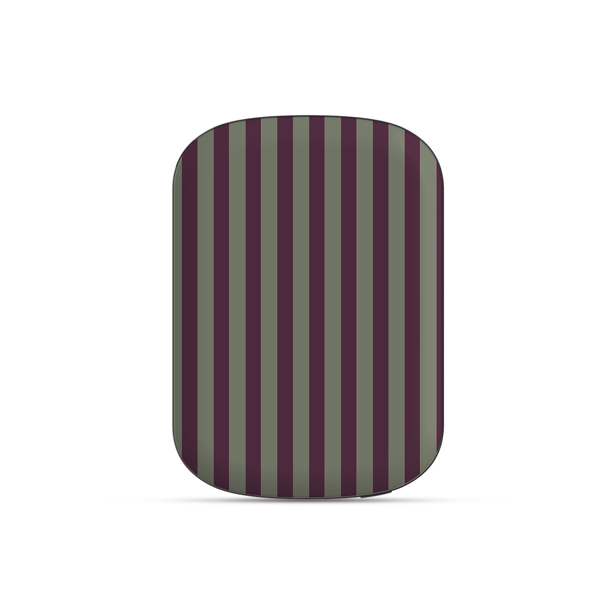 Mulberry Ticking power bank with fine sage green and berry-plum vertical ticking stripes.