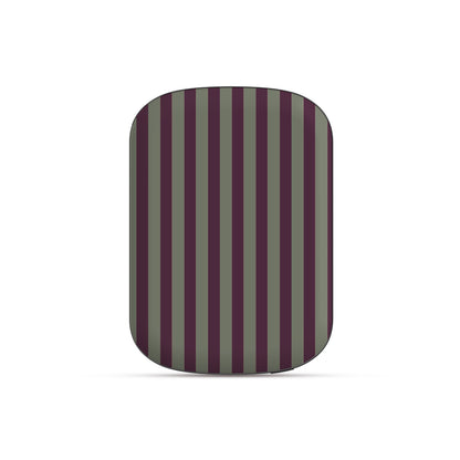 Mulberry Ticking power bank with fine sage green and berry-plum vertical ticking stripes.