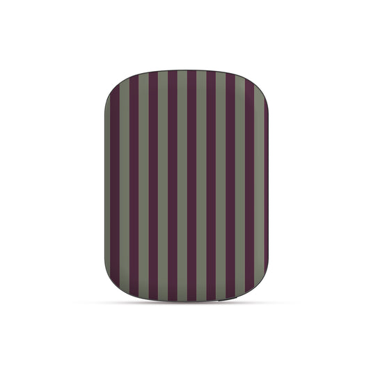 Mulberry Ticking power bank with fine sage green and berry-plum vertical ticking stripes.